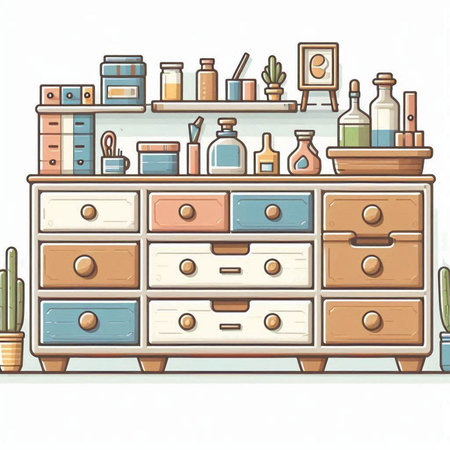 Wooden chest of drawers with different objects. Vector illustration.のイラスト素材