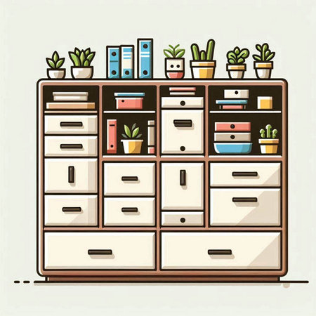 Vector illustration of a drawer with different home related objects in it.のイラスト素材