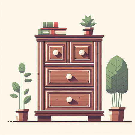 Cabinet with books and plants. Vector illustration in flat styleのイラスト素材