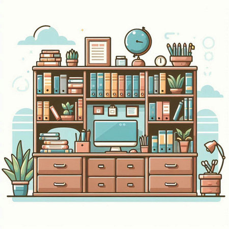 Bookshelf with books and computer. Vector illustration in flat styleのイラスト素材