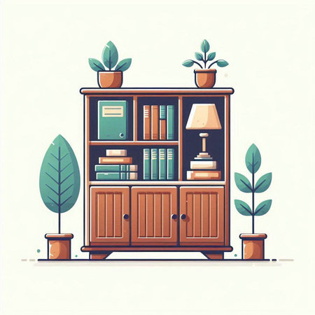 Bookshelf with books and plants. Flat style vector illustration.のイラスト素材