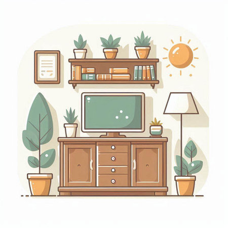 Living room interior with furniture, bookshelf and plants. Vector illustrationのイラスト素材
