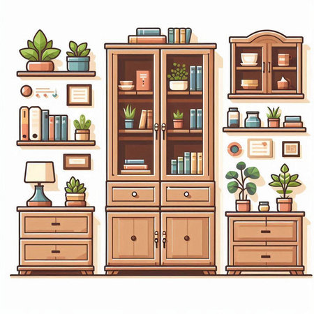Bookshelves with books and plants. Vector illustration in flat styleのイラスト素材
