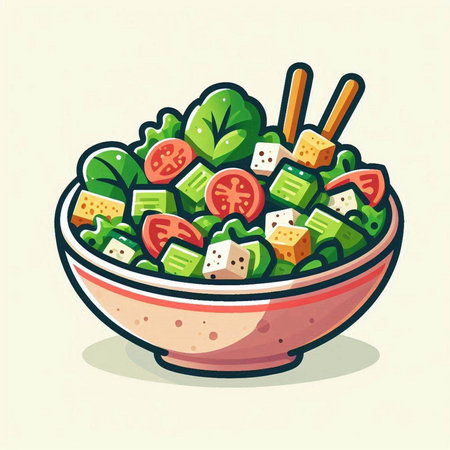 Vegetable salad in bowl with chopsticks. Vector illustration.のイラスト素材