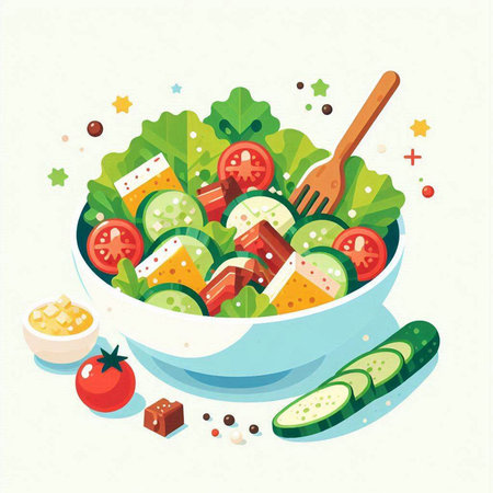 Salad with cucumber, tomato and cheese in bowl. Vector illustrationのイラスト素材