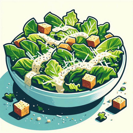 Salad with lettuce, cheese and croutons. Vector illustrationのイラスト素材