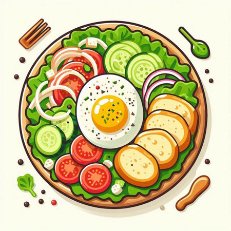 Vegetable salad with fried egg on plate. Vector illustration.のイラスト素材