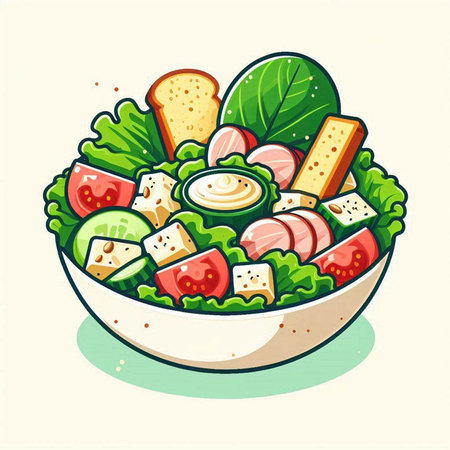 Illustration of a bowl of salad with cheese, tomatoes and lettuceのイラスト素材