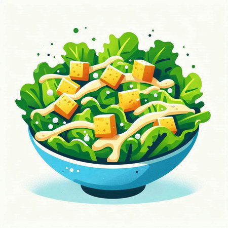 Salad with cheese and lettuce in a bowl. Vector illustration.のイラスト素材