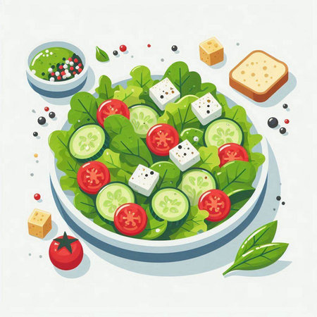 Salad with cucumber, tomato and feta cheese. Vector illustrationのイラスト素材