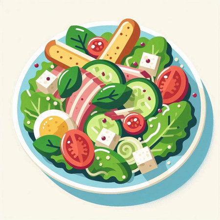 Salad with vegetables and cheese in a plate. Vector illustration.のイラスト素材