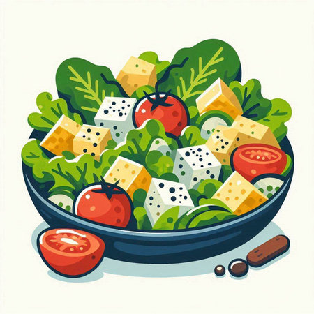 Greek salad with cheese, tomatoes and olives. Vector illustration.のイラスト素材