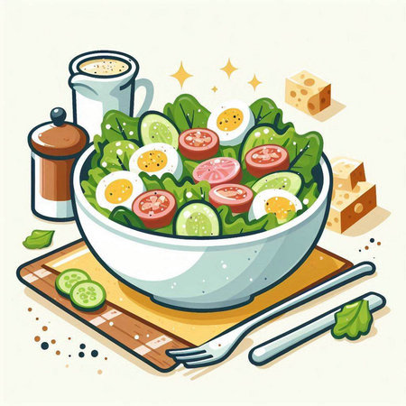 Healthy salad with tomatoes, cucumbers, lettuce and eggs. Vector illustrationのイラスト素材