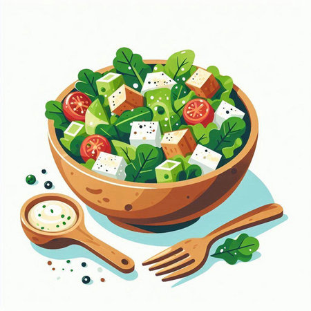Greek salad with feta cheese, cherry tomatoes and arugula. Vector illustration.のイラスト素材