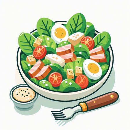 Salad with tuna, eggs, tomatoes and spinach. Vector illustration.のイラスト素材