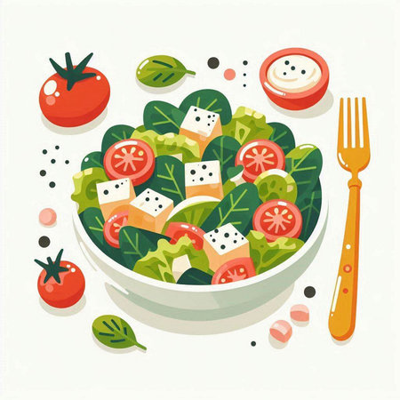 Salad with feta cheese, cherry tomatoes and basil. Vector illustrationのイラスト素材