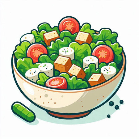 Illustration of a bowl of salad with tofu, tomato and cucumberのイラスト素材