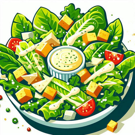 Salad with cheese, tomato, cucumber and herbs. Vector illustrationのイラスト素材