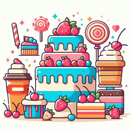 Birthday cake vector illustration. Cake, cupcake, candy, lollipop, donut, strawberry, ice cream.のイラスト素材