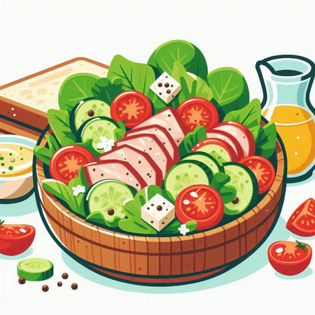 Illustration of a salad with tomatoes, cucumbers, lettuce and cheeseのイラスト素材