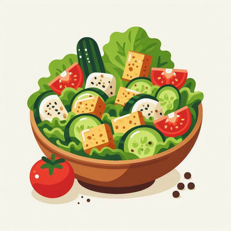Salad with cheese, tomatoes, cucumbers and lettuce. Vector illustration.のイラスト素材