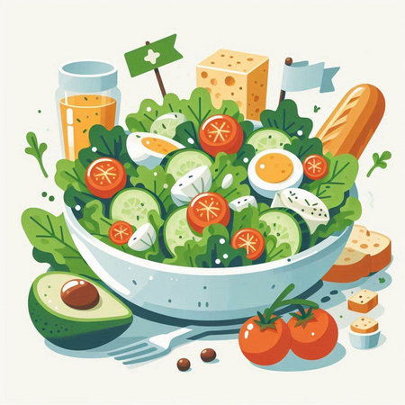 Vegetarian salad in a bowl. Healthy food. Vector illustration.のイラスト素材