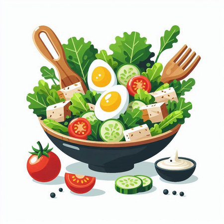 Fresh salad with cheese, tomato and cucumber in bowl. Vector illustration.のイラスト素材