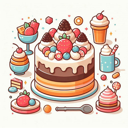 Vector illustration of cake with berries, ice cream and cup of coffeeのイラスト素材