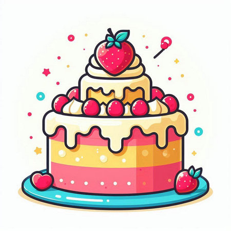 Birthday cake with berries. Vector illustration in doodle style.のイラスト素材