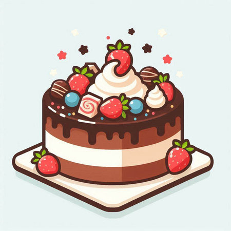 Chocolate cake with strawberries, blueberries and whipped cream. Vector illustration.のイラスト素材