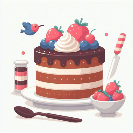 Vector illustration of a chocolate cake with strawberry, blueberry and creamのイラスト素材
