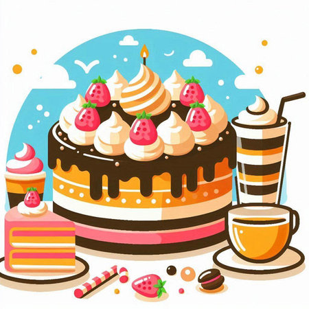 Illustration of a Cake with a Cup of Coffee and Sweetsのイラスト素材