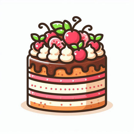 Illustration of a chocolate cake with cherries and whipped cream.のイラスト素材