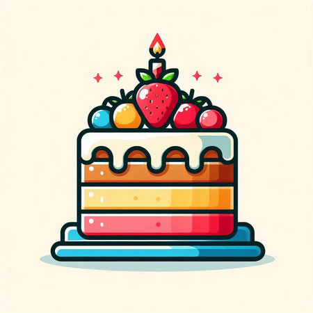 Birthday cake with strawberry and candle icon. Vector illustration in flat styleのイラスト素材