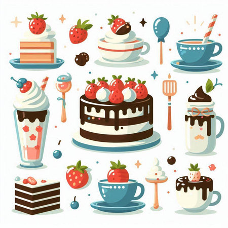 Set of different sweet cakes and cupcakes. Vector illustration in flat style.のイラスト素材