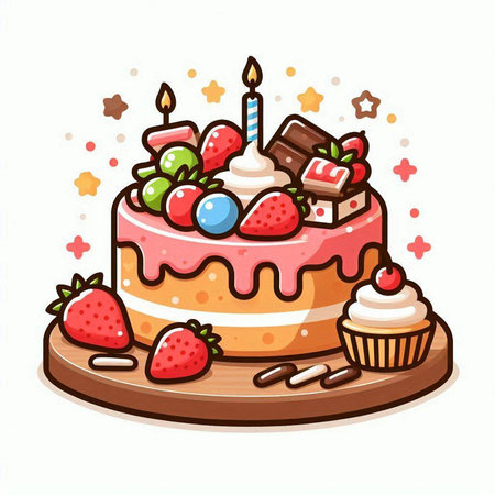 Birthday cake with strawberries, chocolate, cream and candles. Vector illustration.のイラスト素材