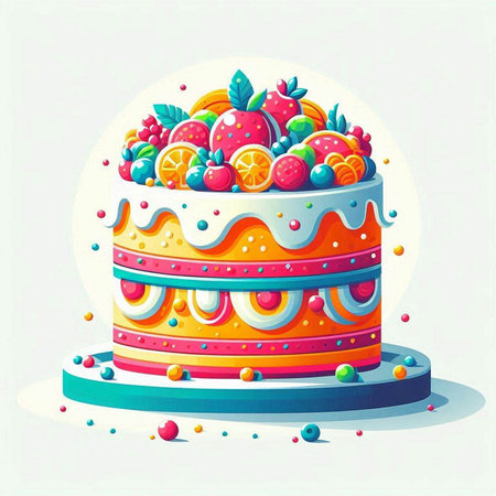 Birthday cake with fruit and berries on top. Vector illustration.のイラスト素材