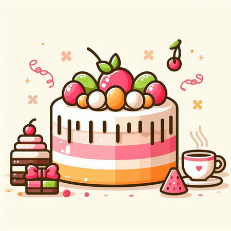 Cake with cherries, cherry and cup of coffee. Vector illustration.のイラスト素材