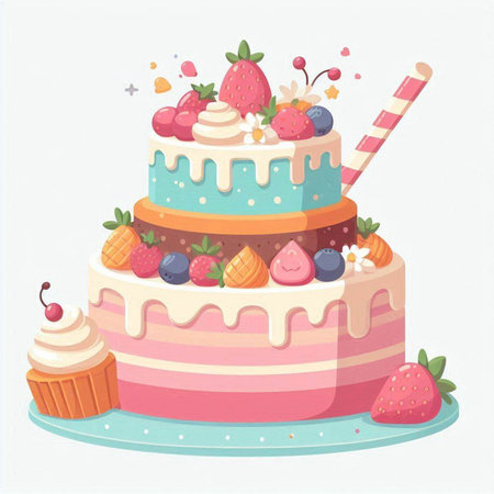 Vector illustration of a birthday cake with cream and berries on a white backgroundのイラスト素材