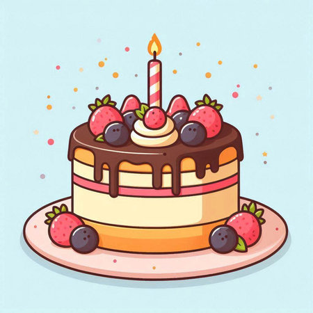 Birthday cake with candles and berries. Hand drawn vector illustration.のイラスト素材
