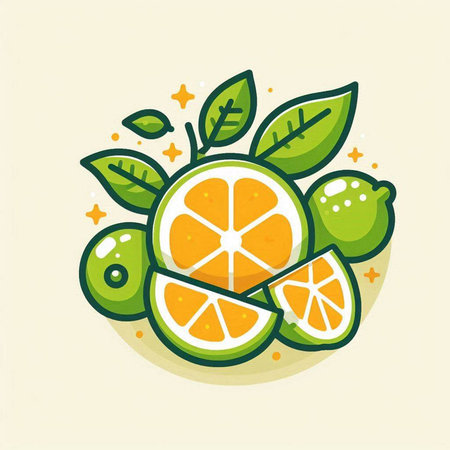 Citrus fruit icon with leaves and slices. Vector illustration.のイラスト素材