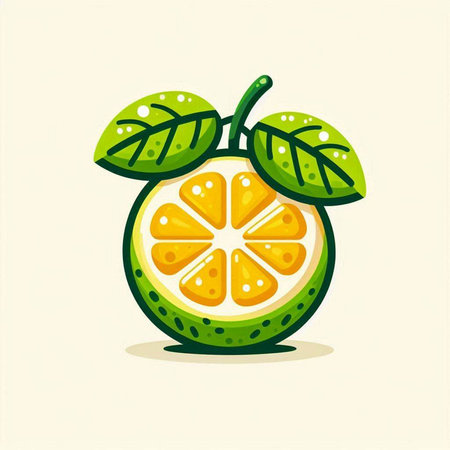 Illustration of a whole orange with green leaves on a light backgroundのイラスト素材