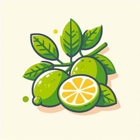 Lime fruit with leaves and slices. Vector illustration in flat style.のイラスト素材