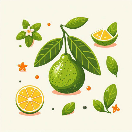 Vector illustration of fresh lime with leaves and orange slice on white backgroundのイラスト素材