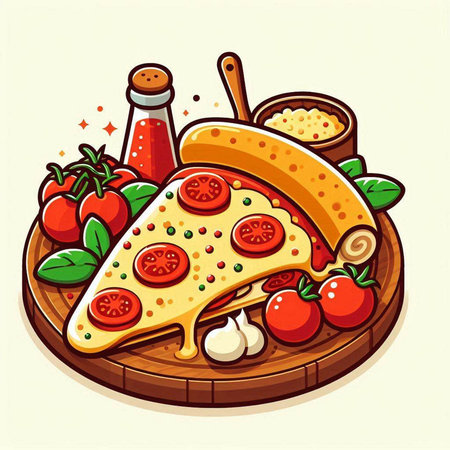 Illustration of pizza and ingredients on a wooden board. Vector illustration.のイラスト素材