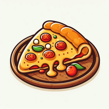 Pizza slice on wooden plate. Vector illustration of pizza slice.のイラスト素材