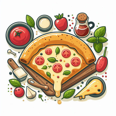 Pizza with tomato, mozzarella and basil. Vector illustrationのイラスト素材