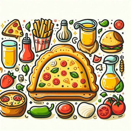 Vector illustration of pizza and fast food. Vector illustration of pizza and ingredients.のイラスト素材