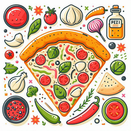 Pizza and ingredients for cooking. Vector illustration in flat style.のイラスト素材
