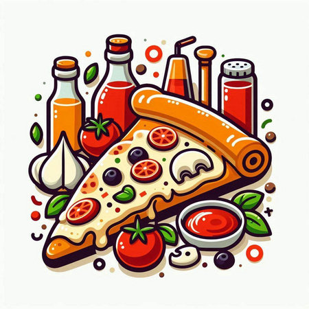 Pizza slice with tomato and mozzarella, vector illustration.のイラスト素材